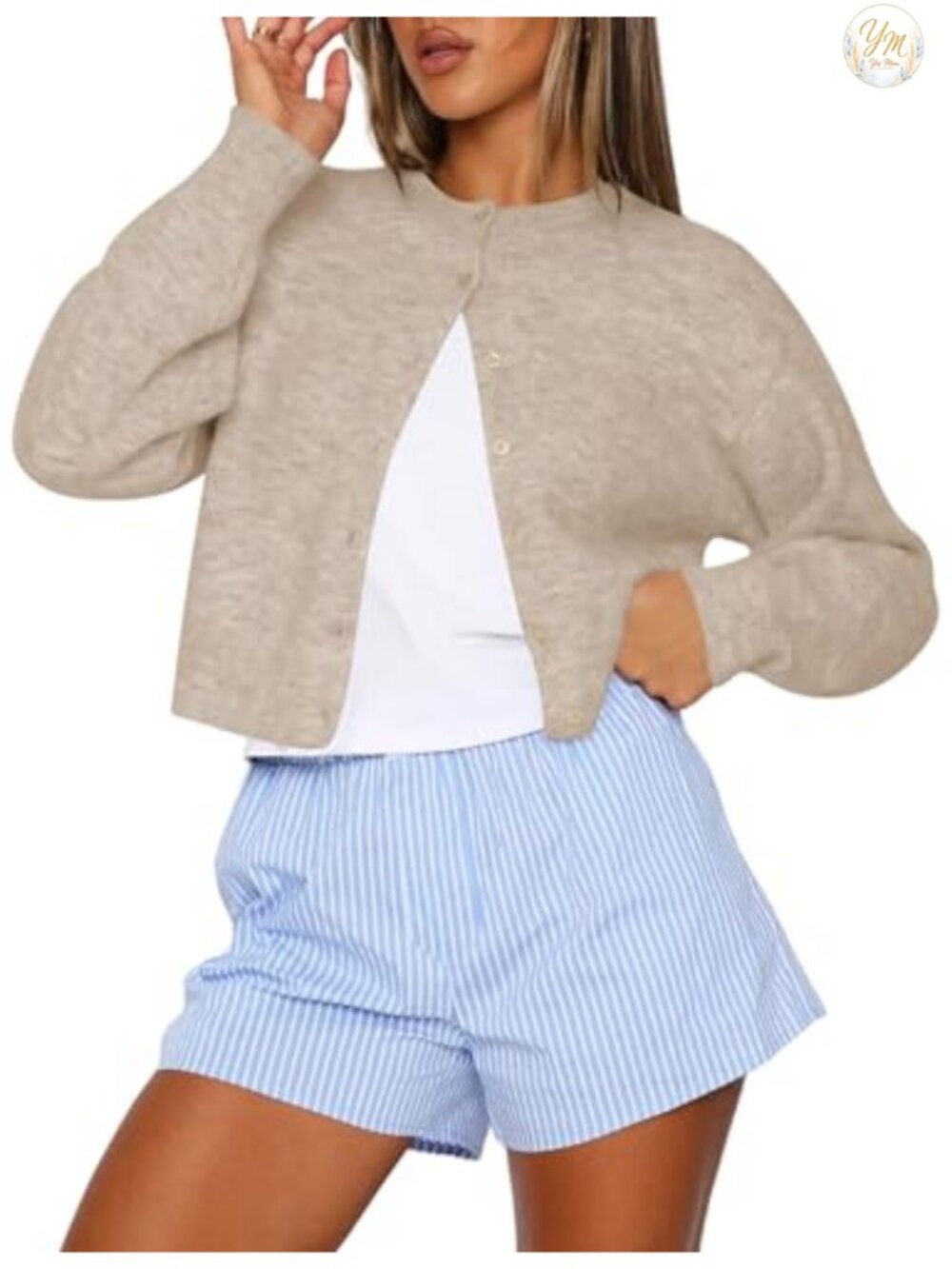 Women's Cropped Cardigan Crew Neck Button Up Lightweight Knit Sweater